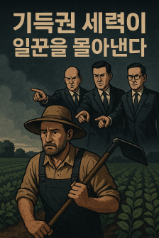  양복 입은 기득권 인물들이 농부를 비난하며 쫓아내는 장면을 묘사한 정치적 일러스트. AI가 제작한 이미지입니다.
