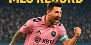 Lionel Messi celebrating a goal with clenched fists and an intense expression, with text reading “Messi Makes MLS Record.”