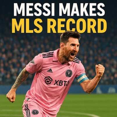 Messi Makes MLS History: Four Straight Multi-Goal Games 2 Lionel Messi celebrating a goal with clenched fists and an intense expression, with text reading “Messi Makes MLS Record.”