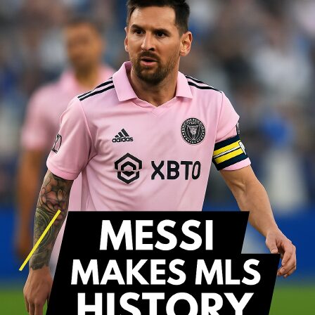 Messi Makes MLS History: Four Straight Multi-Goal Games 3 Lionel Messi in a focused stance during a game, wearing captain's armband with bold text “Messi Makes MLS History.”