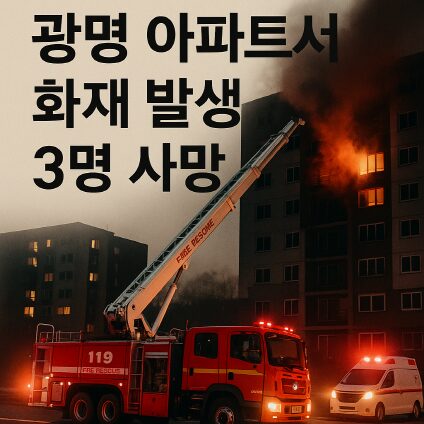 소방차 사다리차가 아파트 건물을 향해 전개된 상태. 아파트 창문에서 불이 뿜어져 나오고 있으며, 화면 상단에는 '광명 아파트서 화재 발생 3명 사망'이라는 한글 뉴스 헤드라인이 있음.