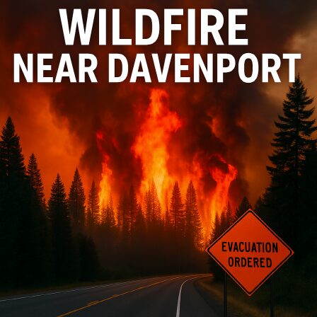 "Davenport Wildfire Near Carp Lake Prompts Urgent Evacuations – Over 2,100 Acres Burning" 3 "Emergency evacuation zone map highlighting Level 3 and Level 2 areas near Davenport"