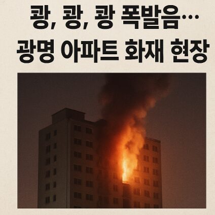 쾅쾅쾅 폭발음이 들리는 가운데 광명시 아파트 건물에서 치솟는 불꽃과 검은 연기. '광명 아파트 화재 현장'이라는 제목이 상단에 큼직하게 보임