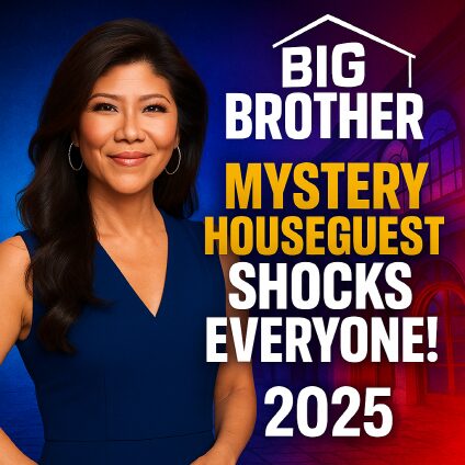 Julie Chen Moonves standing in front of a promotional backdrop for Big Brother Season 27, teasing the arrival of a mysterious houseguest