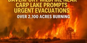 "Aerial view of a massive wildfire spreading through forestland near Davenport, WA"