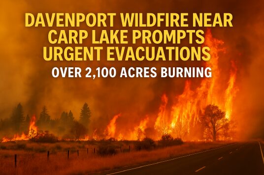 "Davenport Wildfire Near Carp Lake Prompts Urgent Evacuations – Over 2,100 Acres Burning" 1 "Aerial view of a massive wildfire spreading through forestland near Davenport, WA"