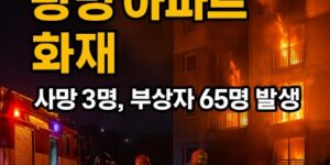 광명 아파트 화재 현장. 소방대원들이 불타는 건물 앞에 서 있고, 화면에 '광명 아파트 화재 - 사망 3명, 부상자 65명 발생'이라는 굵은 한글 텍스트가 있음.