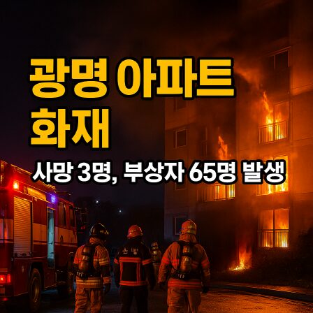 광명 아파트 화재 현장. 소방대원들이 불타는 건물 앞에 서 있고, 화면에 '광명 아파트 화재 - 사망 3명, 부상자 65명 발생'이라는 굵은 한글 텍스트가 있음.