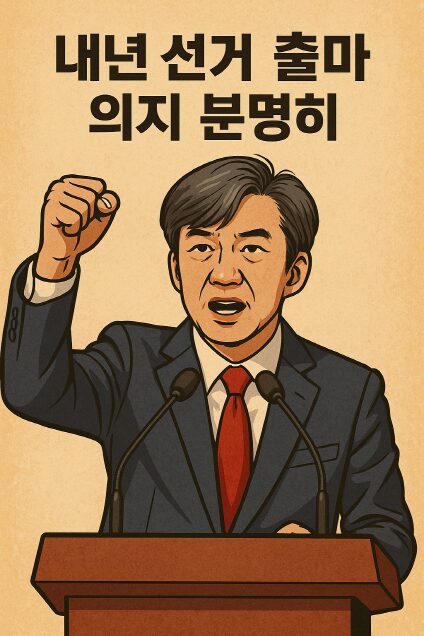 "조국 전 조국혁신당 대표가 연단에서 주먹을 들어 올리며 선거 출마 의지를 강조하는 일러스트"
