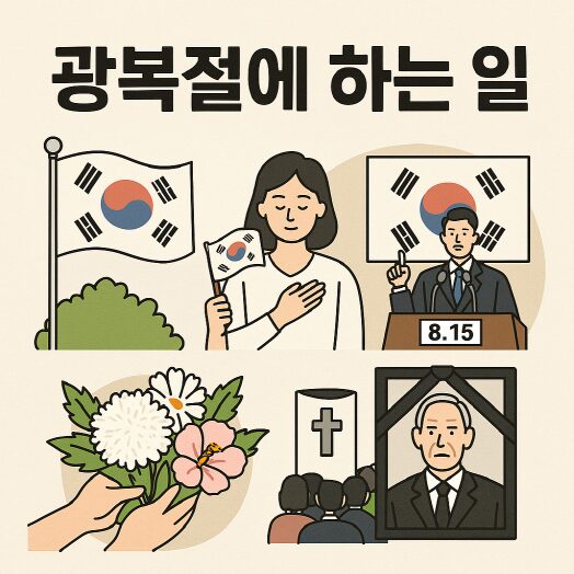 8.15 광복절의 의미와 과제 – 친일 청산·독립유공자 지원 4 광복절을 맞아 태극기를 게양하는 가족, 기념행사에 참여하는 사람들, 독립유공자 추모비를 참배하는 장면 등이 담긴 2D 디지털 일러스트. 밝고 따뜻한 색감으로 광복절의 의미와 참여 문화를 표현.캡션