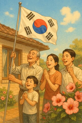 8.15 광복절의 의미와 과제 – 친일 청산·독립유공자 지원 3 앞 마당에서 태극기를 게양하는 할아버지와 이를 기쁘게 바라보는 가족들, 주변에는 무궁화가 활짝 핀 모습. 밝고 평화로운 분위기가 광복절의 의미를 따뜻하게 전달함.