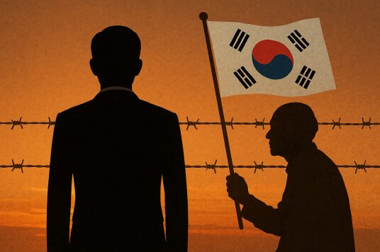 8.15 광복절의 의미와 과제 – 친일 청산·독립유공자 지원 2 해질녘 주황빛 하늘과 철조망 앞, 정장을 입은 인물과 태극기를 든 노인이 마주 서 있는 실루엣 장면. 한쪽은 권력과 기득권을, 한쪽은 독립과 희생을 상징.