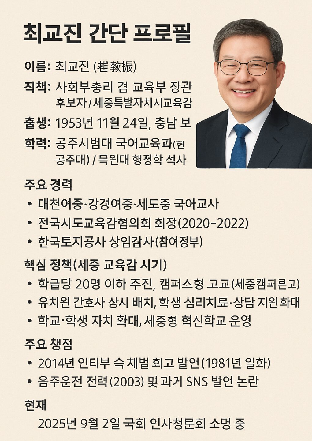 최교진 프로필 / 교육부 장관 후보자, 과거 체벌 발언 논란…인사청문회 쟁점은? 3 최교진 교육부 장관 후보자의 학력, 경력, 정책, 논란 등을 요약한 프로필 카드