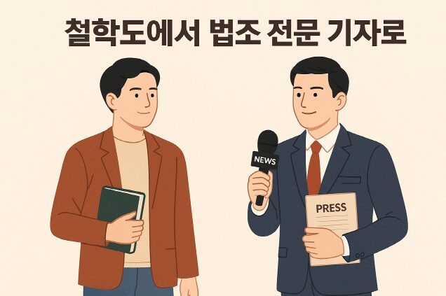 장용진 기자 프로필 | 철학도에서 법조 전문 기자로 성장한 이야기 2 책을 든 철학 청년과 마이크·수첩을 든 기자 모습이 나란히 표현된 장용진 기자 성장 이미지