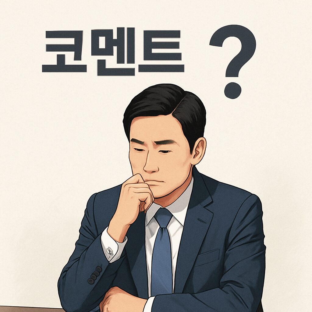 내란재판부 설치, 사법부 독립인가 국민 권한인가 4 코멘트라는 글자와 물음표를 형상화한 이미지를 배경으로, 생각하는 포즈의 한국인 남성을 표현한 일러스트