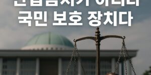한국 국회의사당을 배경으로 청동 저울과 법봉이 나란히 놓여 있으며, 상단에는 ‘그래서 국회가 나선 이유’라는 문구가 적혀 있다. 정의와 입법의 상징을 담은 현실적 뉴스풍 이미지.