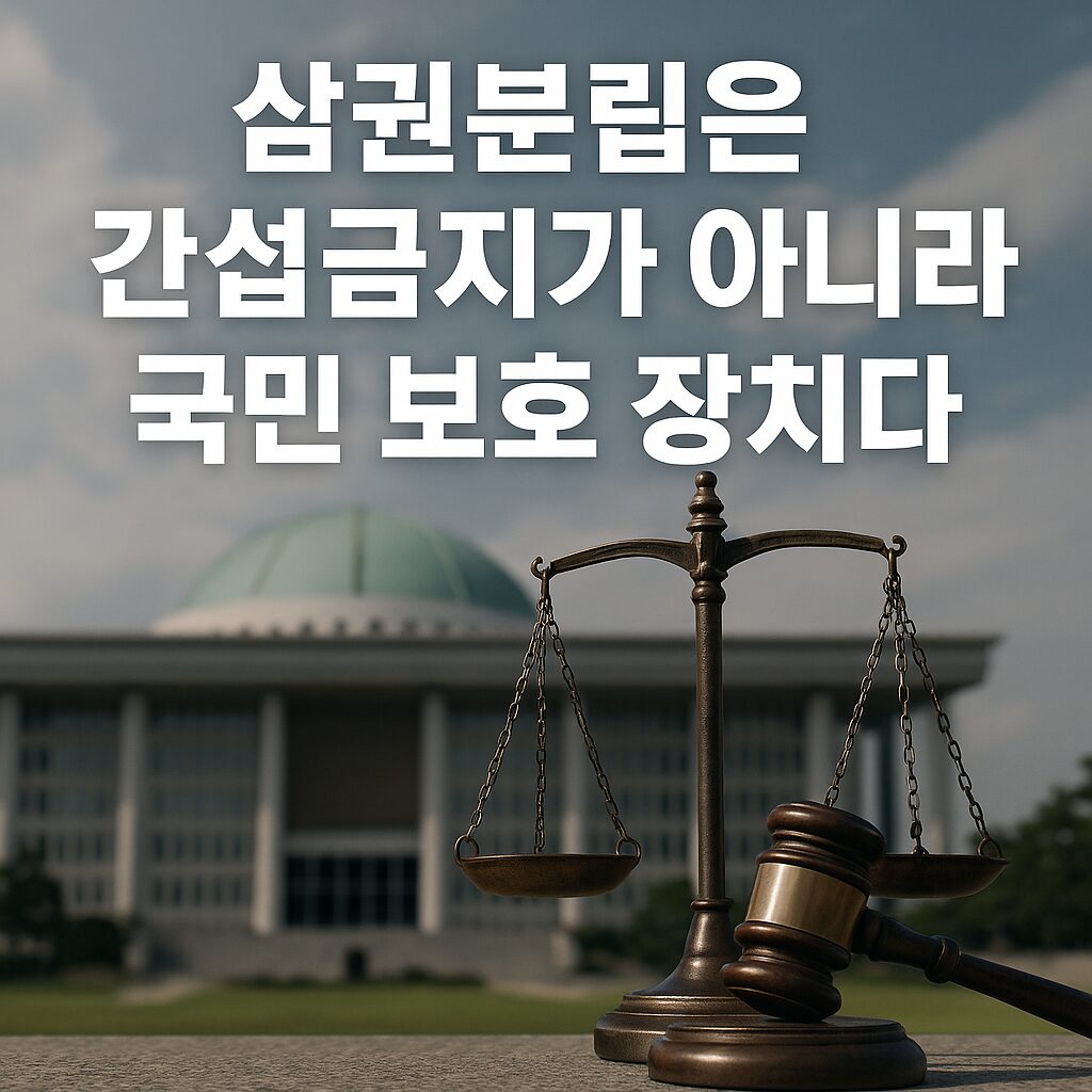 내란은 아직 끝나지 않았다 — 삼권분립과 국민주권의 진짜 의미 1 한국 국회의사당을 배경으로 청동 저울과 법봉이 나란히 놓여 있으며, 상단에는 ‘그래서 국회가 나선 이유’라는 문구가 적혀 있다. 정의와 입법의 상징을 담은 현실적 뉴스풍 이미지.