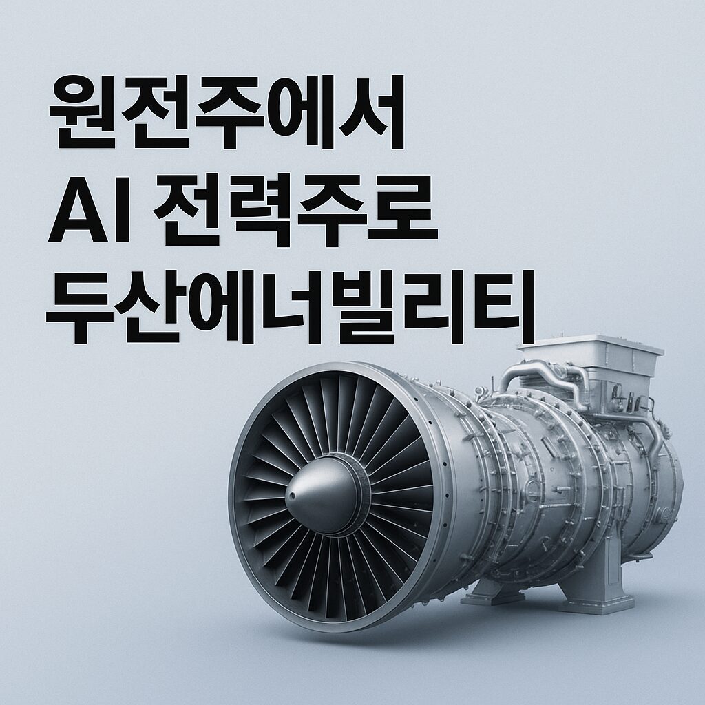 대형 가스터빈 이미지와 함께 ‘원전주에서 AI 전력주로 두산에너빌리티’라는 글귀가 적힌 산업적 분위기의 그래픽.