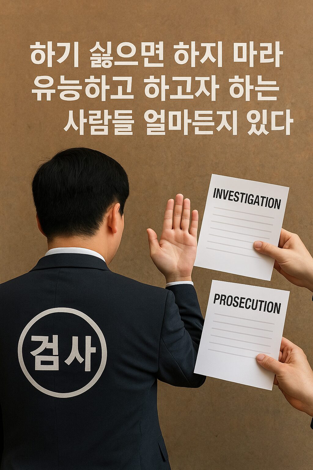 정장을 입은 한국 검사 등이 보이며, 손을 들어 ‘조사와 기소’ 문서를 거부하는 장면. 상단에는 “하기 싫으면 하지 마라, 유능하고 하고자 하는 사람들 얼마든지 있다”는 문구가 적혀 있음.