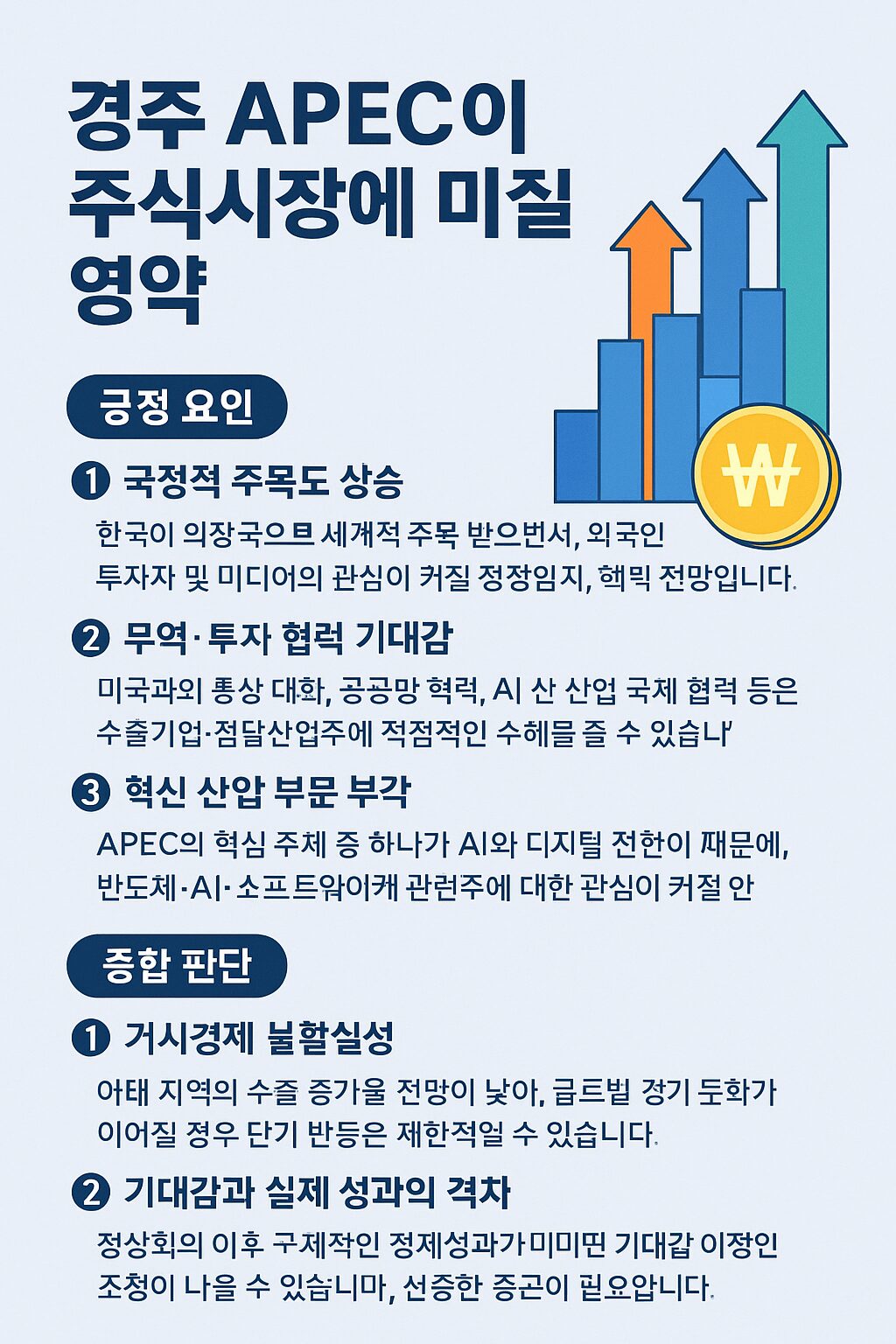 “2025 경주 APEC이 한국 주식시장(KOSPI)에 미칠 영향을 요약한 한국어 인포그래픽. 상승 그래프와 원화(₩) 아이콘이 함께 배치된 경제 일러스트.”