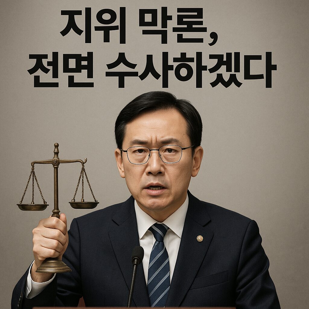 법의 저울을 들고 단호한 표정으로 발언하는 이억원 금융위원장의 모습. 배경에는 ‘지위 막론, 전면 수사하겠다’ 문구가 적혀 있다.