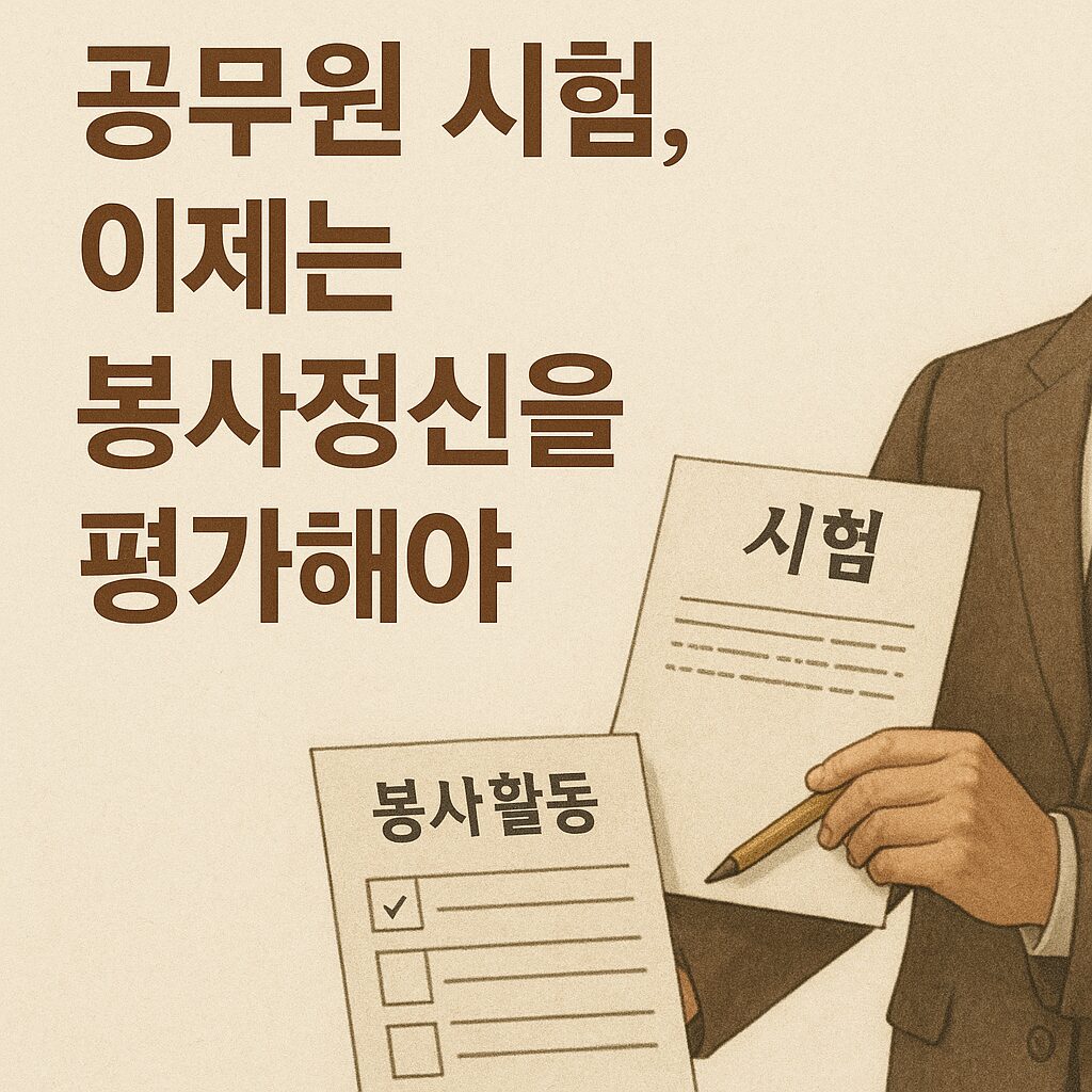 공무원은 국민의 고용인이다 2 정장을 입은 남성이 ‘시험’과 ‘봉사활동’ 서류를 들고 있는 장면. “공무원 시험, 이제는 봉사정신을 평가해야”라는 문구가 적힌 따뜻한 색조의 뉴스형 이미지.