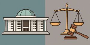 “대한민국 국회의사당과 법원을 상징하는 건물이 서로 마주 보고 있고, 중앙에 국민을 상징하는 사람들이 서 있는 일러스트. 국회와 사법부 권한 갈등을 표현.”