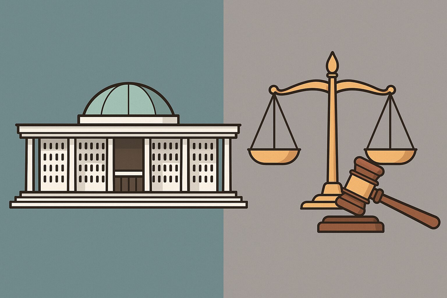 사법부의 독립과 국민주권, 누가 진짜 위에 있을까? 2 “대한민국 국회의사당과 법원을 상징하는 건물이 서로 마주 보고 있고, 중앙에 국민을 상징하는 사람들이 서 있는 일러스트. 국회와 사법부 권한 갈등을 표현.”