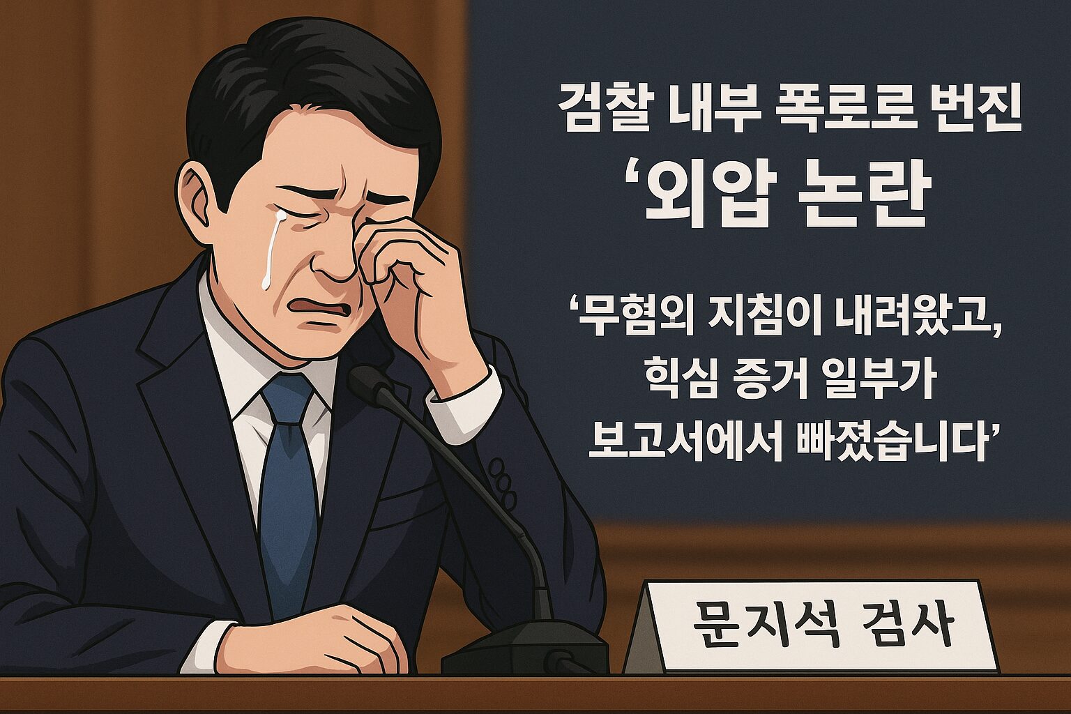 국정감사장에서 눈물을 흘리며 마이크 앞에서 증언하는 문지석 검사의 모습. 옆에는 ‘검찰 내부 폭로로 번진 외압 논란’이라는 문구가 적힌 뉴스형 일러스트 썸네일 이미지