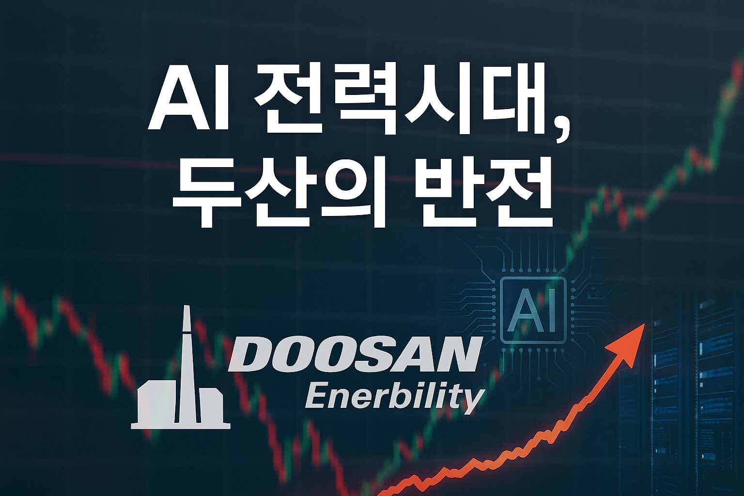 흐릿한 주식 차트를 배경으로 상승 곡선과 두산에너빌리티 로고가 함께 있는 이미지. 중앙에는 ‘AI 전력시대, 두산의 반전’ 문구가 적혀 있다.