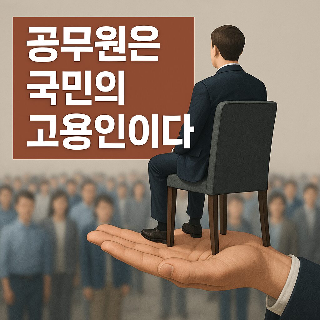공무원은 국민의 고용인이다 1 손 위의 의자에 앉은 공무원과 그를 바라보는 시민들의 모습. “공무원은 국민의 고용인이다”라는 문구가 강조된 현실감 있는 일러스트.
