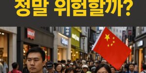 “번화한 한국 거리에서 중국 국기를 든 관광객과 군중, 상단에는 ‘중국인 무비자 정말 위험할까?’라는 텍스트가 적힌 뉴스 썸네일 이미지”