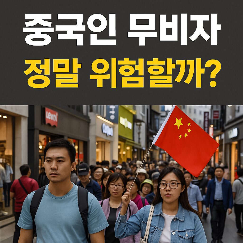 중국인 무비자 논란, 범죄율은 정말 높을까? 1 “번화한 한국 거리에서 중국 국기를 든 관광객과 군중, 상단에는 ‘중국인 무비자 정말 위험할까?’라는 텍스트가 적힌 뉴스 썸네일 이미지”