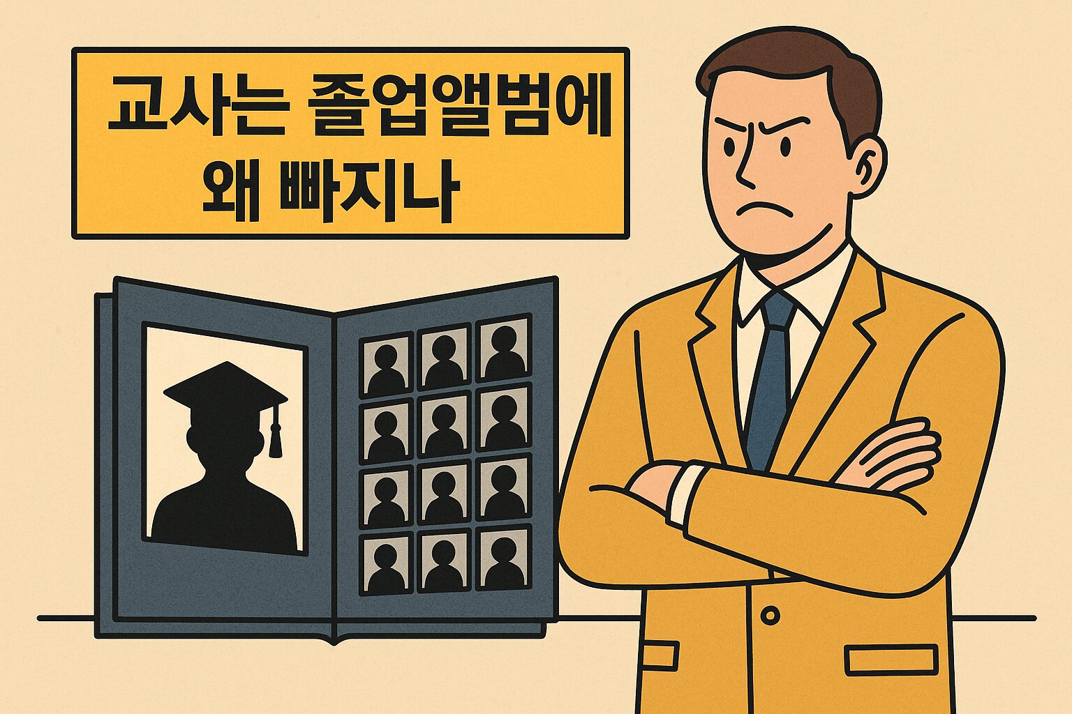 교사는 왜 졸업앨범에 빠지나 — 교권보다 ‘개인권’을 택한 시대 1 졸업앨범 속 교사 사진이 사라지고 고민하는 남성 교사의 일러스트
