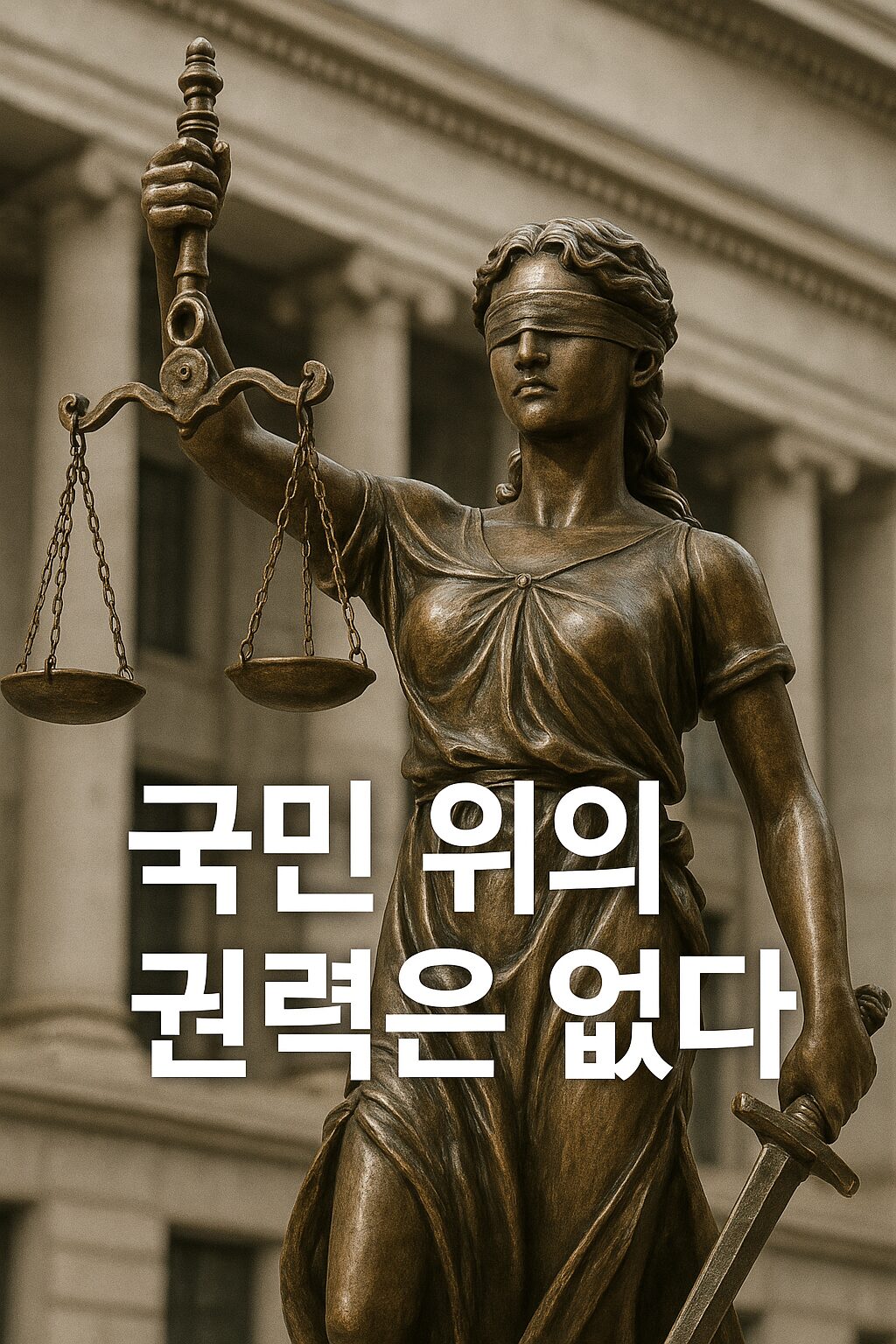 내란은 아직 끝나지 않았다 — 삼권분립과 국민주권의 진짜 의미 2 청동빛 정의의 여신상이 저울과 칼을 들고 서 있으며, 배경에는 한국 국회의사당을 연상시키는 석조 건물이 있다. 이미지 중앙에는 ‘국민 위의 권력은 없다’라는 문구가 선명히 적혀 있다.
