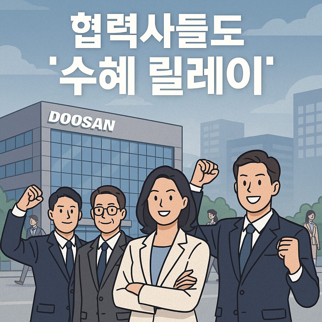 두산 사옥 앞에서 협력사 직원들이 활짝 웃으며 손을 들어 올리고 있는 장면. ‘협력사들도 수혜 릴레이’라는 문구가 하늘색 배경 위에 강조되어 있다.