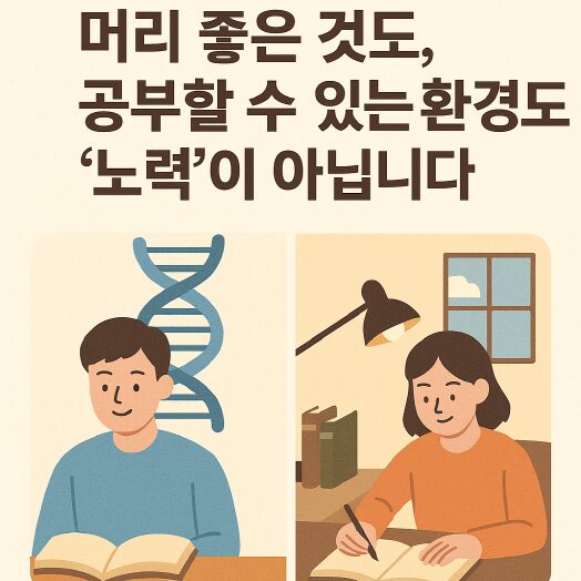 한쪽에는 DNA 구조 앞에서 책을 읽는 남학생, 다른 쪽에는 조용한 방에서 책을 쓰는 여학생의 일러스트. “머리 좋은 것도, 공부할 수 있는 환경도 노력은 아닙니다”라는 문구가 적혀 있음.