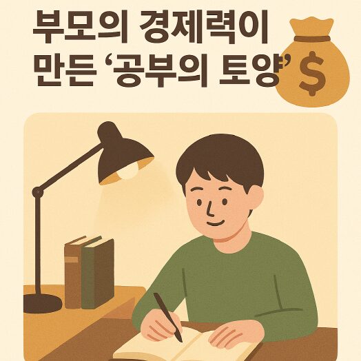따뜻한 색감의 일러스트. 책상 앞에서 공부하는 학생 옆에 돈주머니 아이콘이 있고, “부모의 경제력이 만든 공부의 토양”이라는 문구가 들어 있음.