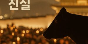 2008년 광우병 촛불집회를 상징하는 다큐멘터리 스타일 이미지로, ‘광우병 괴담의 진실’이라는 문구와 함께 촛불을 든 시민들이 따뜻한 불빛 속에 모여 있는 장면.