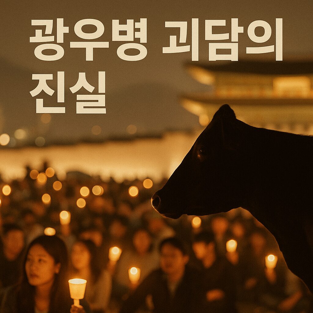 광우병 괴담이라더니… 2008년 광우병 촛불이 지금 우리의 밥상을 지켰다 1 2008년 광우병 촛불집회를 상징하는 다큐멘터리 스타일 이미지로, ‘광우병 괴담의 진실’이라는 문구와 함께 촛불을 든 시민들이 따뜻한 불빛 속에 모여 있는 장면.