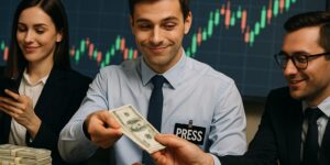 주식 차트 앞에서 돈을 주고받는 기자들의 모습. 책상 위에는 현금 다발이 놓여 있고, 기자들은 미소를 짓고 있다.