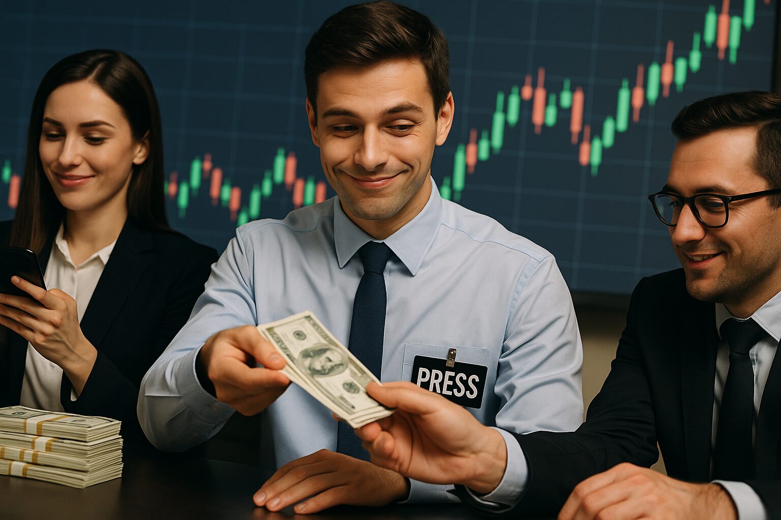 주식 차트 앞에서 돈을 주고받는 기자들의 모습. 책상 위에는 현금 다발이 놓여 있고, 기자들은 미소를 짓고 있다.