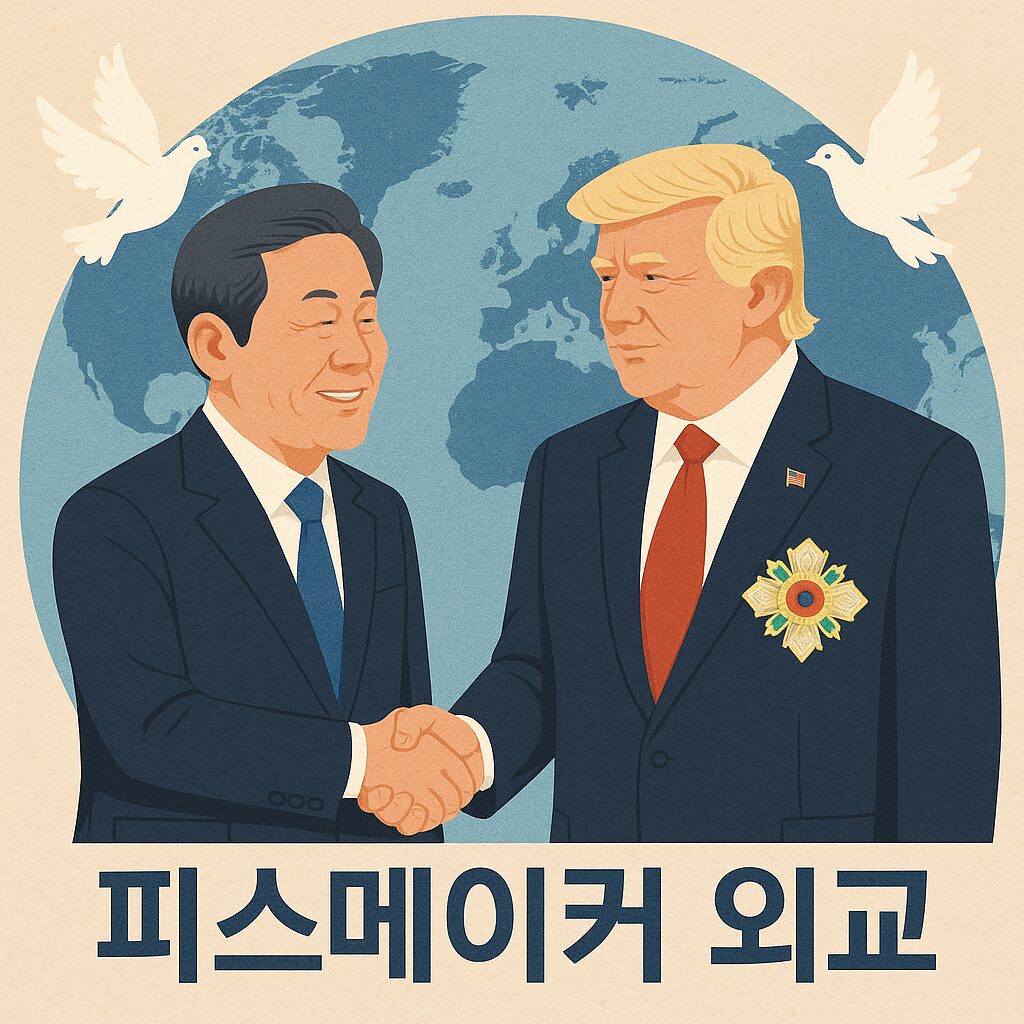 무궁화대훈장이 뭐길래? 트럼프 전 대통령에게 수여한 이재명 외교의 의미 3 이재명 대통령이 도널드 트럼프 미국 대통령과 한반도 평화를 상징하는 악수를 나누는 장면. 배경에는 경주의 불국사와 APEC 회의장이 어우러져 있으며, 하늘에는 평화를 상징하는 흰 비둘기가 날고 있다.