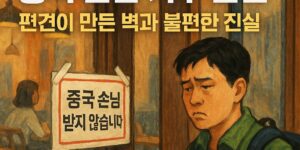 성수동 카페 앞 유리창에 ‘중국 손님 받지 않습니다’ 문구가 붙은 장면을 사실적으로 표현한 일러스트