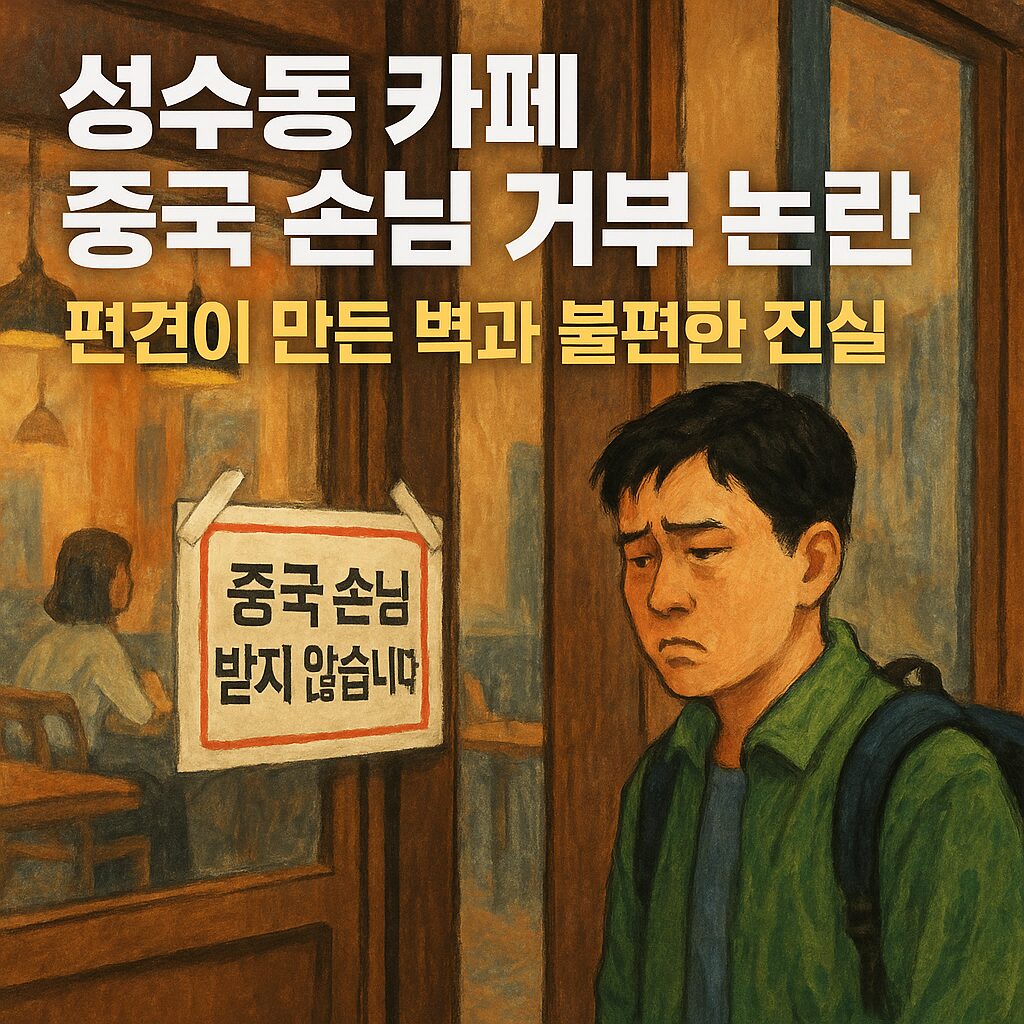 모든 중국인이 나쁜 사람일까? 성수동 카페 사태가 던진 질문 1 성수동 카페 앞 유리창에 ‘중국 손님 받지 않습니다’ 문구가 붙은 장면을 사실적으로 표현한 일러스트