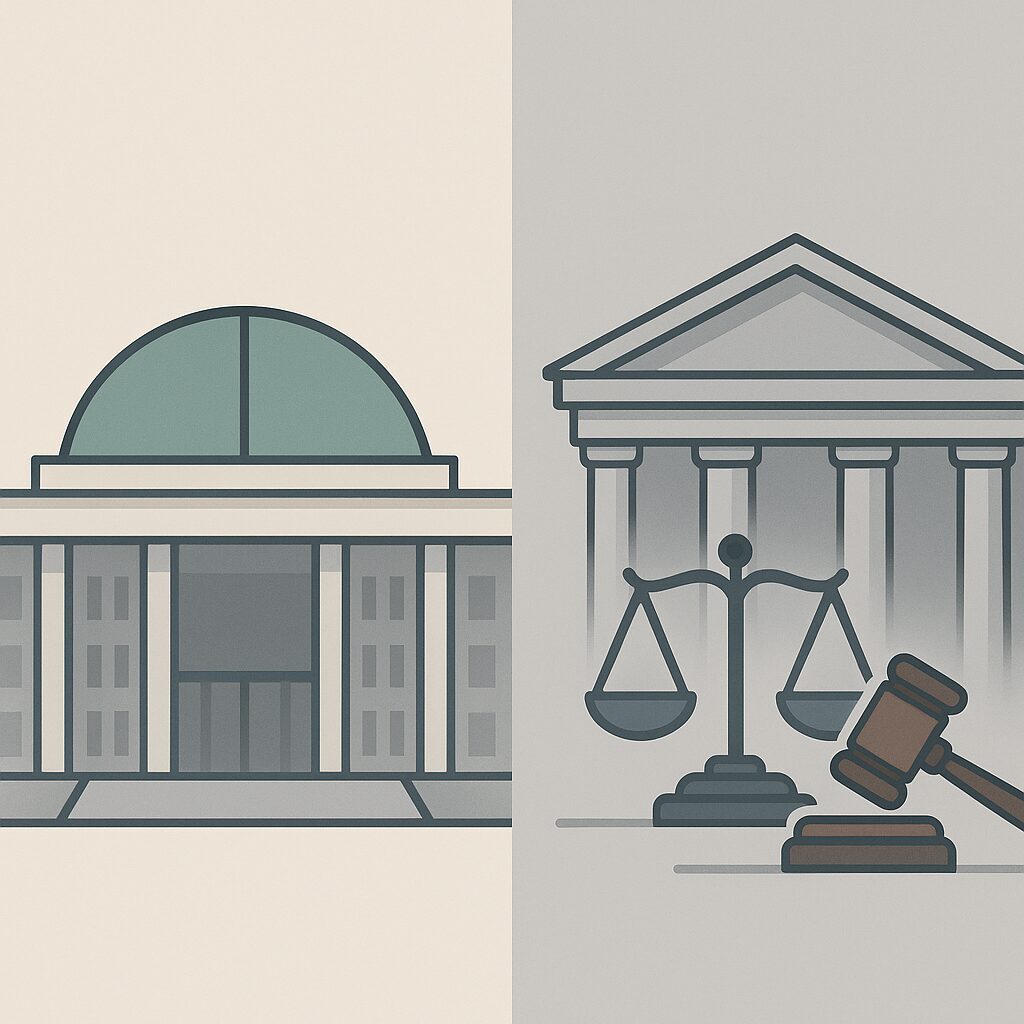 사법부의 독립과 국민주권, 누가 진짜 위에 있을까? 1 “대한민국 국회의사당과 법원을 상징하는 저울, 법봉이 대비되게 배치된 벡터 스타일 일러스트. 국회와 사법부 권한 갈등을 표현.”