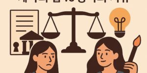 법정 위 조명 아래 서 있는 여성 창작자와 그 맞은편에 그림자로 표현된 거대한 기업의 실루엣. 배경에는 헌법 문서와 균형저울이 희미하게 비치는 일러스트.