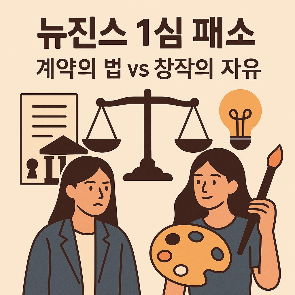뉴진스 1심 패소, 법은 왜 창작자의 손을 들어주지 않았을까? 3 법정 위 조명 아래 서 있는 여성 창작자와 그 맞은편에 그림자로 표현된 거대한 기업의 실루엣. 배경에는 헌법 문서와 균형저울이 희미하게 비치는 일러스트.