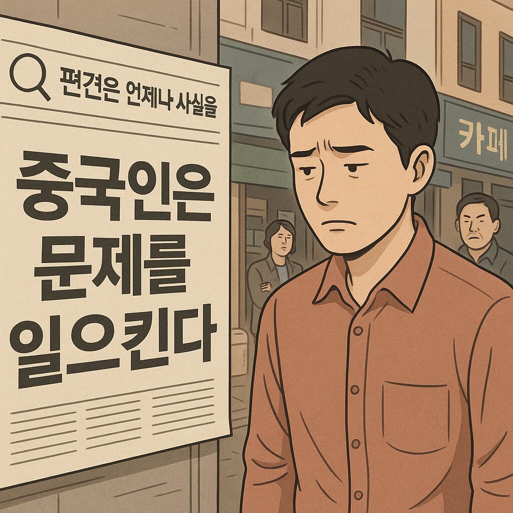 모든 중국인이 나쁜 사람일까? 성수동 카페 사태가 던진 질문 2 도심 속에서 뉴스와 댓글을 보는 사람들과, 그 시선을 의식하는 중국인 남성을 표현한 사회적 일러스트