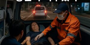 밤 도심 속에서 응급환자를 태운 구급차가 여러 병원을 찾아다니는 긴박한 장면. 응급실 불빛이 보이지만 환자를 받아주지 않아 구급차가 이동 중인 모습을 사실적으로 표현한 사진.